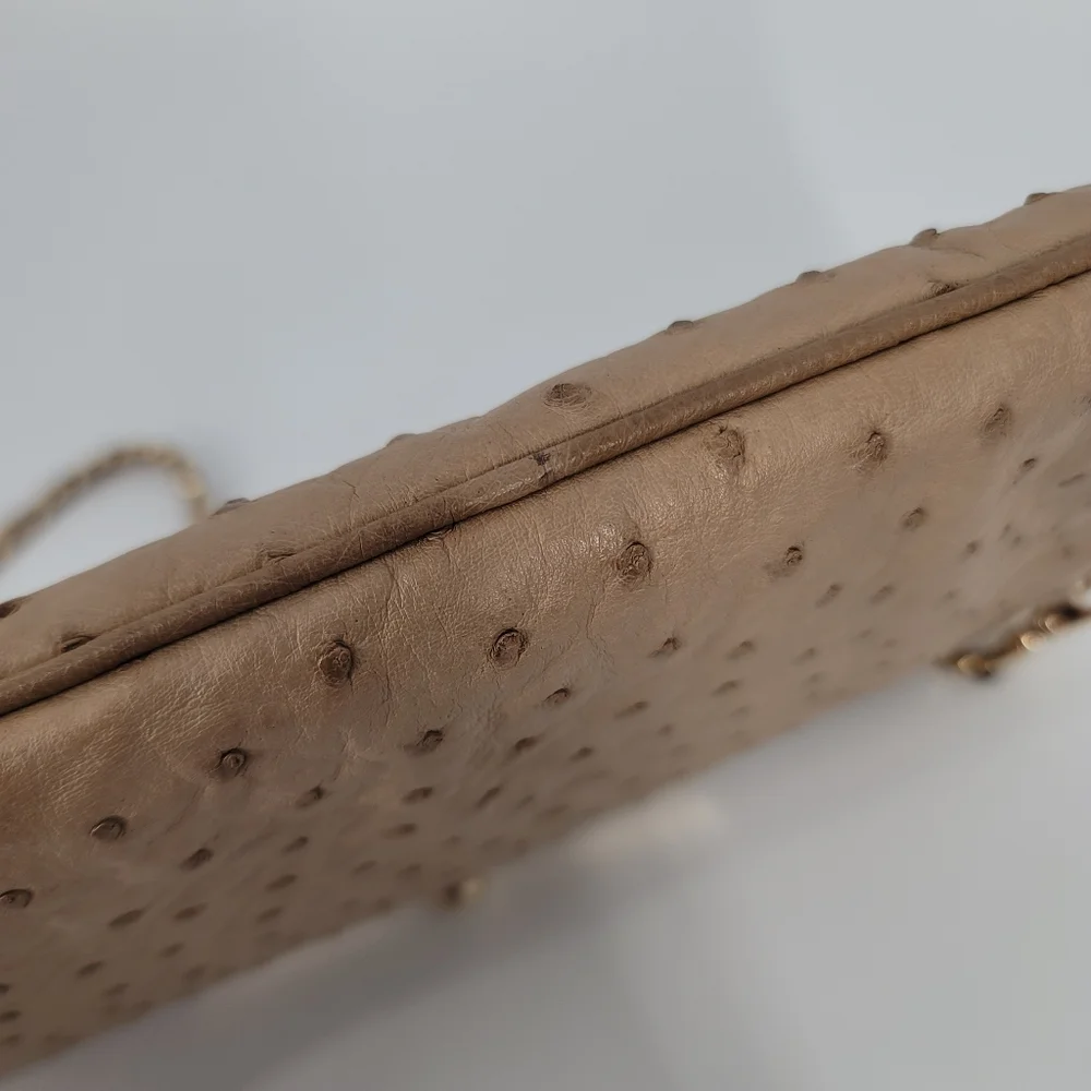 ALIEL Beige Ostrich Leather Flat Clutch Handbag NEW Made in Italy Gold